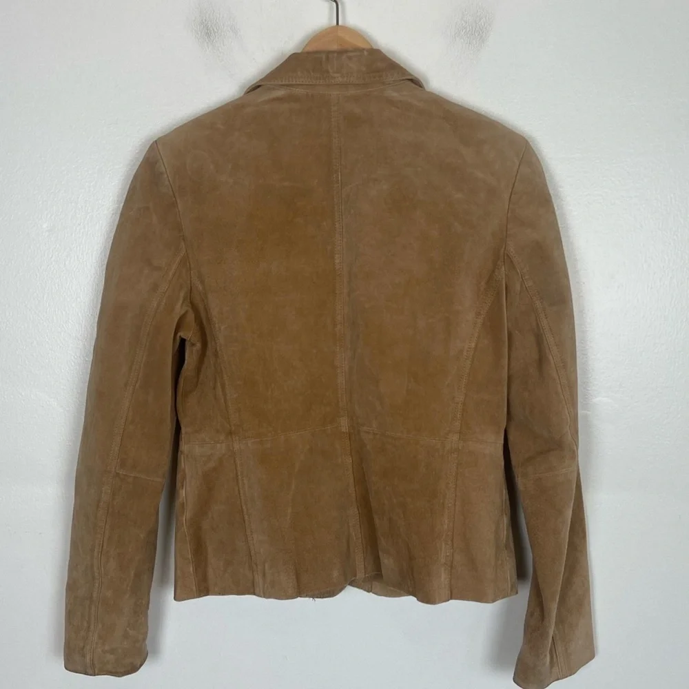 New York & Company Suede Leather Blazer Jacket 10‎ Tan Front Pockets Y2K Preppy